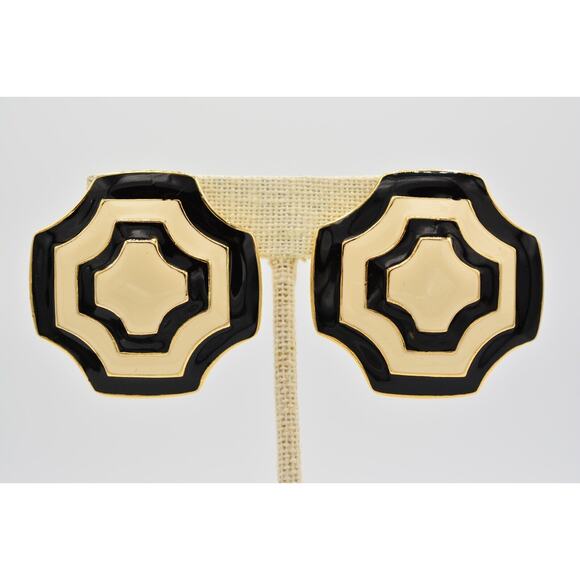 Fernando Vintage Clip Earrings Black White Enamel Gold Chunky FO Signed 80s Bin8 - Picture 1 of 12